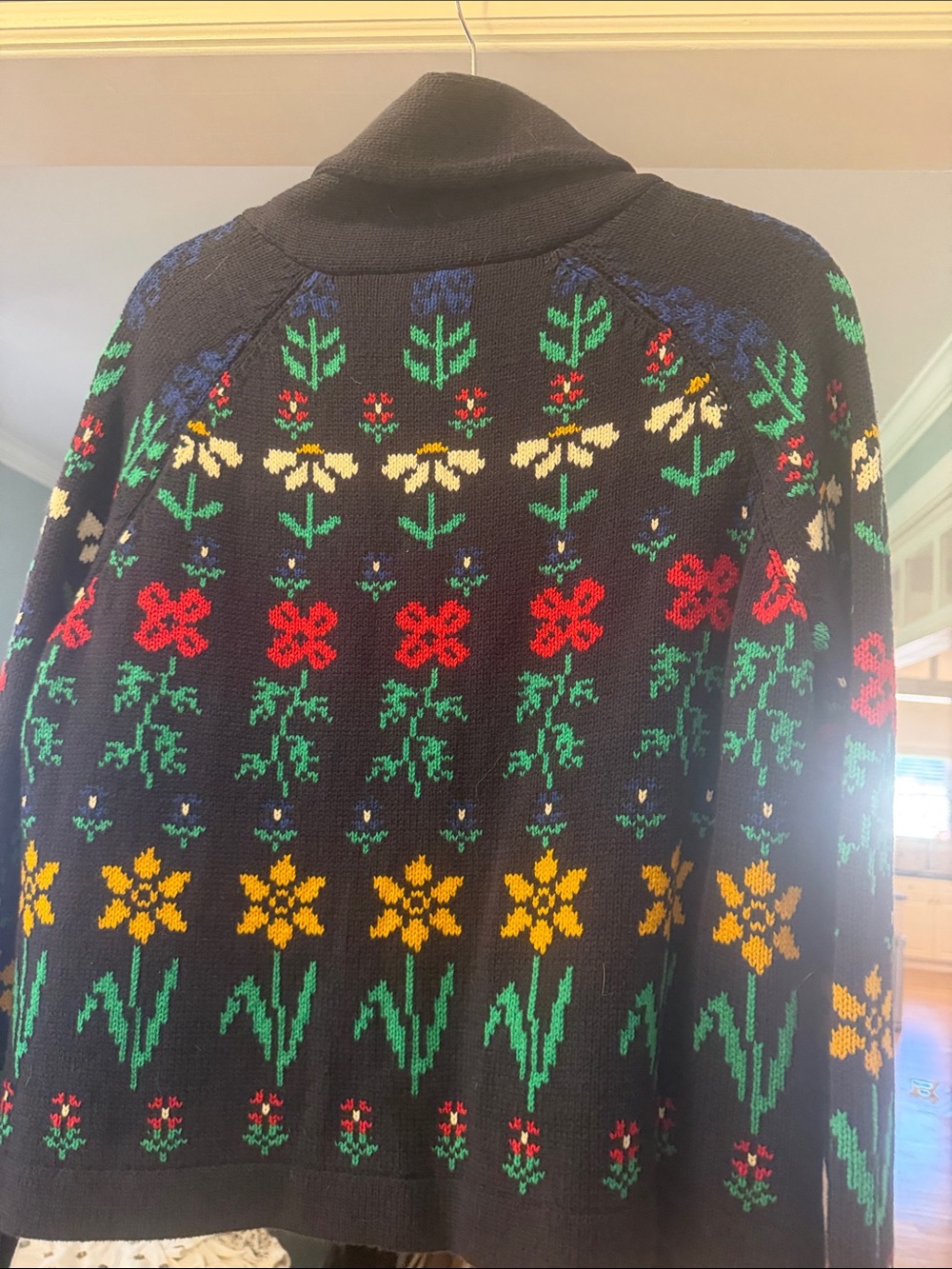 THE GREAT. Navy Floral Embroidered Shawl Collar Cardigan with Multicolor Stripes - Picture 3 of 3